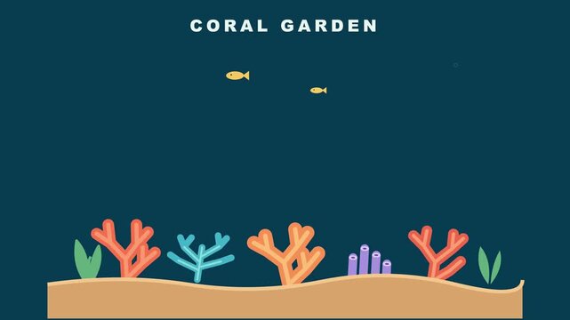 Minimalist flat vector illustration of a colorful underwater coral garden with small fish.