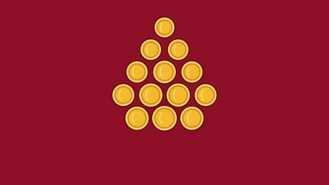 A pyramid shaped stack of golden coins isolated on a dark red background.