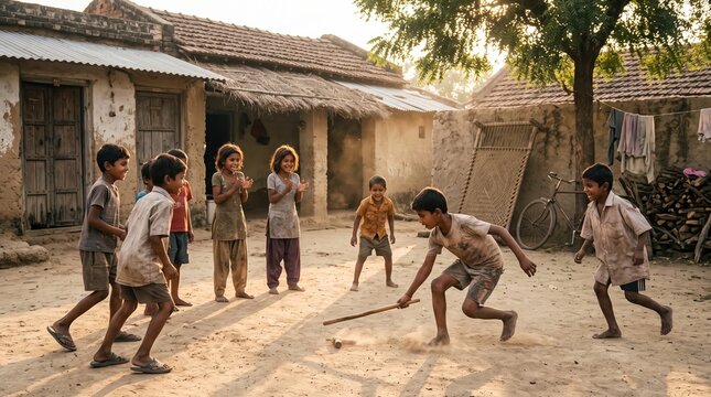 Rural Indian Children Playing Street Game Gilli Danda in Village Courtyard