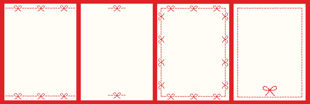 Stitched ribbon bow border card template set vertical rectangular frames. Decorative dashed embroidery seam line art collection for greeting card, invitation, craft and sewing project background.