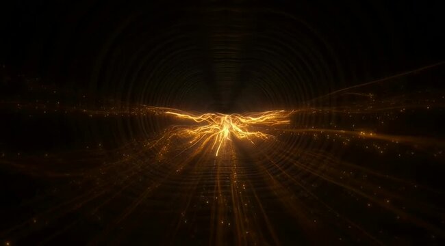 Golden light explosion glowing in dark tunnel with abstract energy lines radiating outward creating futuristic cyberspace vortex background for technology design