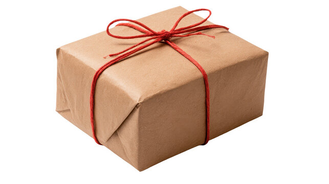 Small gift box wrapped in brown paper and tied with red string, isolated on transparent background