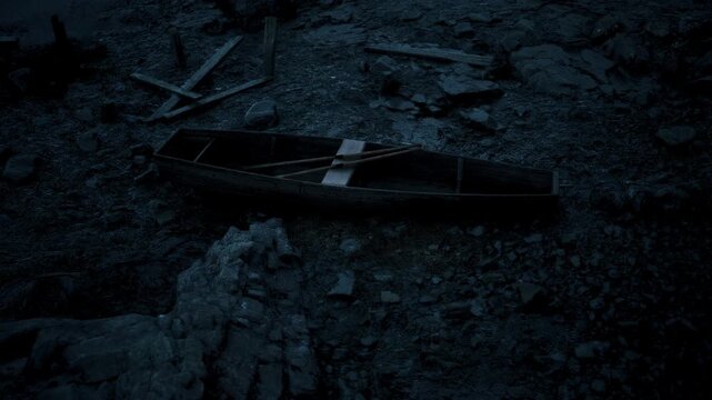 A secluded spot reveals a weathered wooden boat resting among the rocks as twilight casts a soft glow. Shadows dance around the still waters, creating a serene atmosphere.