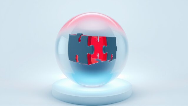 Puzzle pieces inside glass sphere. Red, blue colors dominate composition. White pedestal supports globe. Clean, minimalist design.