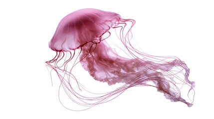 Translucent pink jellyfish with long flowing tentacles swimming in water © Marit