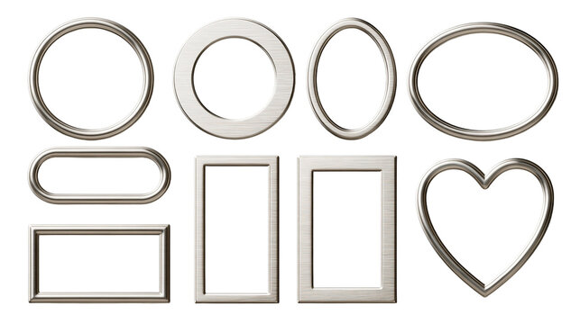 Set of various silver metal frames in circular oval rectangular and heart shapes