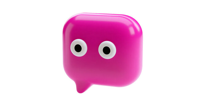 Glossy pink 3D speech bubble character with large white eyes and black pupils