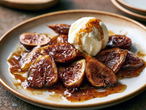 Gourmet caramelized roasted figs served with vanilla ice cream scoop and drizzled caramel syrup delicious summer dessert on ceramic plate close up food photography sweet gourmet dish