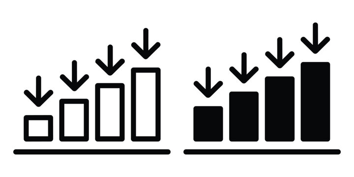 Two contrasting bar graphs illustrating growth and decline with downward pointing arrows