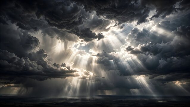 Dramatic sun rays breaking through dark storm clouds over ocean