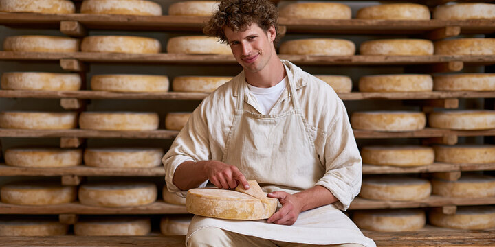 A cheese maker inspects a wheel of cheese in a dimly lit cellar surrounded by rows of aging cheese
