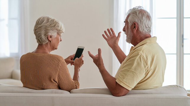 An elderly couple sitting on a sofa, arguing while looking at a smartphone. The man is gesturing with his hands, seemingly frustrated, while the woman is holding the phone.