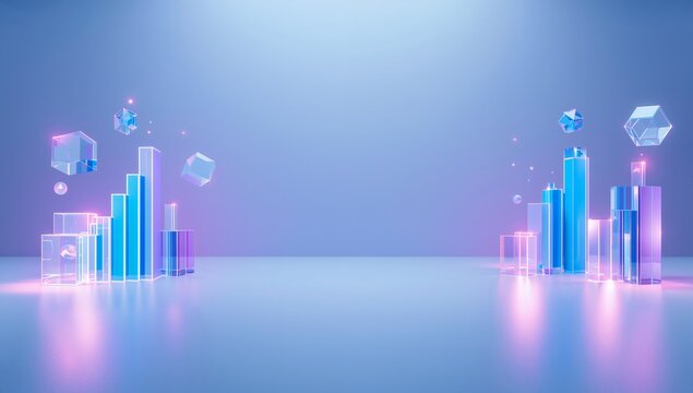 Futuristic Digital Data Visualization with 3D Chart Elements and Geometric Shapes
