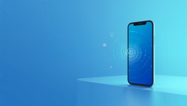Modern smartphone standing upright on blue surface with digital effects in background