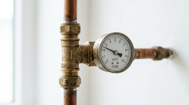 A close-up view of a copper plumbing pipe setup featuring a circular water meter connected to the brass fittings, measuring flow rates against a plain white wall inside a building