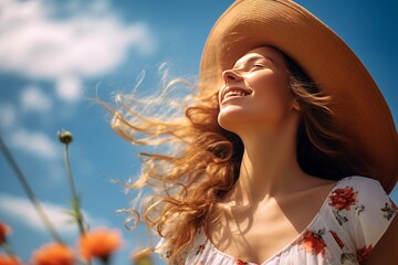 Naklejka premium Woman wearing a straw hat, smiling with eyes closed, enjoying the warm sun and fresh breeze, feeling pure happiness, freedom, and joy outdoors during summer in a natural environment