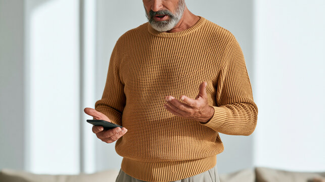 An older man with a beard holding a mobile phone and looking confused and worried. His hands are open and gesturing.