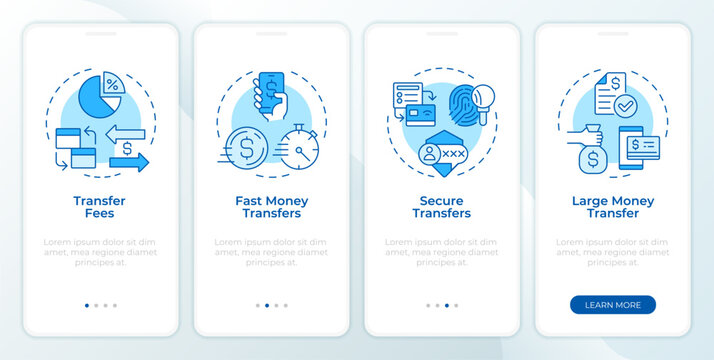 Money transfer functions monochrome blue onboarding mobile app screen. Real time money tracking. Enterprise payment. UI UX walkthrough 4 steps. Editable graphic instructions with linear concepts