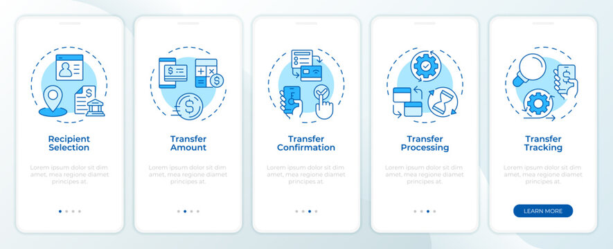 Money transfer workflow monochrome blue onboarding mobile app screen. Validating multi currency exchange. UI UX walkthrough 5 steps. Editable graphic instructions with linear concepts