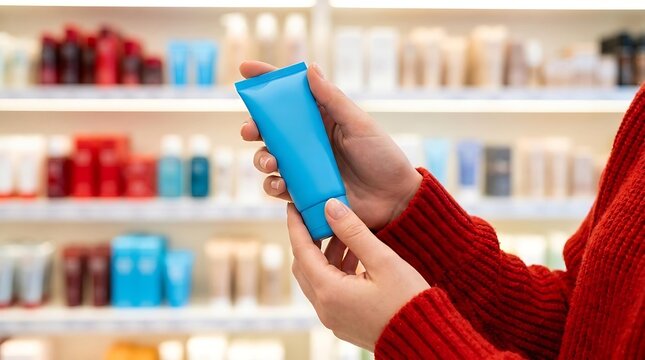 Woman holding a blank blue skincare product tube in a pharmacy while choosing the best skincare product for her daily routine, professional skincare product mockup concept.