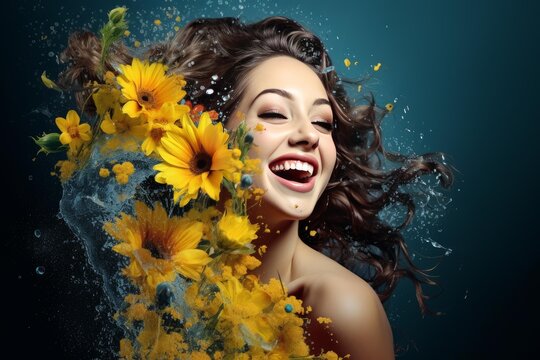 Woman experiencing pure joy and refreshing happiness, her face illuminated with a wide laugh as vibrant sunflowers and cool water splashes burst around her, embodying natural beauty and wellness
