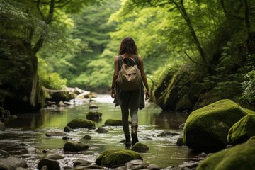 Fototapeta premium Woman with a backpack carefully stepping on wet, mossy rocks while crossing a shallow river in a lush, green forest, immersing herself in nature and embracing the outdoor adventure