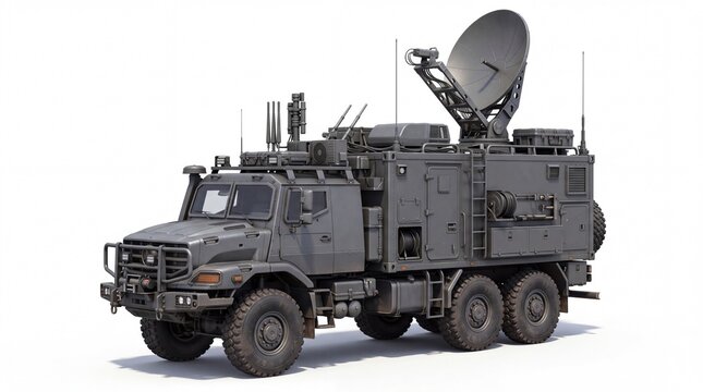 Military communication truck with a satellite dish antenna