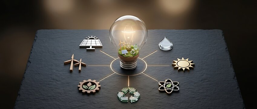 Green Energy Concept Featuring a Glowing Light Bulb with a Mini Sustainable Ecosystem Inside Surrounded by Renewable Power Icons Such as Solar Wind and Recycling on a Dark Slate Surface