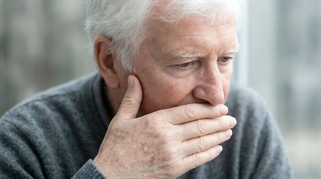 Portrait of a depressed senior man feeling lonely at home, depressed senior man suffering from grief and solitude, thoughtful depressed senior man staring out window in despair.