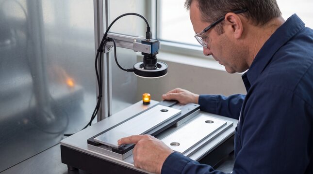echnician Comparing Metal Parts at a Machine Vision Station
