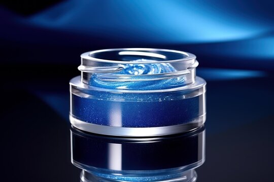 Blue shimmering gel product in an open clear cosmetic jar, featuring a glossy texture for advanced skincare, moisturizing, and beauty applications with a reflective surface