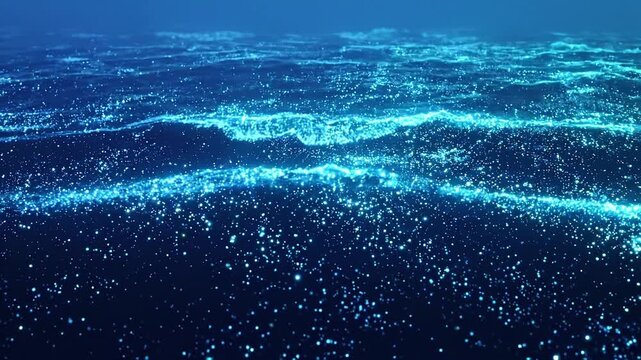 Bioluminescent waves shimmer across a dark ocean. Glowing plankton and sparkling water. Marine nature and ocean life. Blue underwater ambience and abstract background.