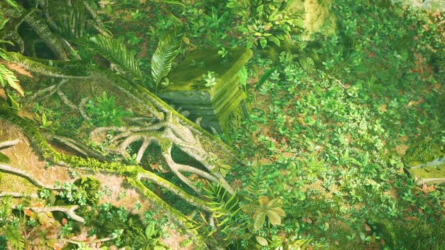 A dense jungle showcases ancient stone ruins, partially covered in moss and vines, surrounded by a lush, green landscape under soft sunlight, creating a serene atmosphere.