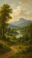 Fototapeta premium Serene landscape with mountain view.
