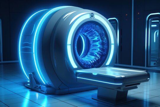 Futuristic mri scanner bathed in vibrant blue neon in a sterile high tech exam room, symbolizing advanced diagnostic imaging, digital health, ai driven radiology and precision medicine
