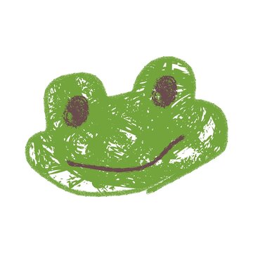 Childlike crayon-style drawing of a green frog face with big brown eyes and a smiling mouth. Playful textured illustration perfect for kids art