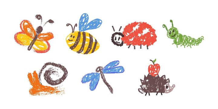 Playful crayon-style animal and insect illustrations including butterfly, bee, ladybug, caterpillar, snail, dragonfly, and hedgehog with apple