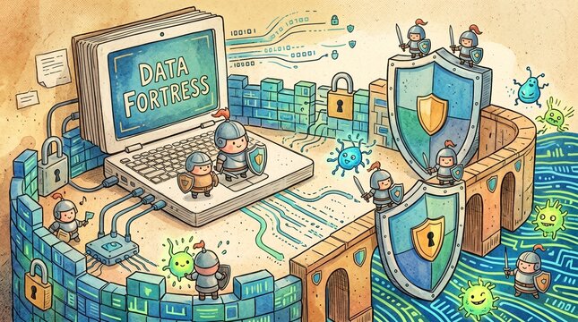 データの砦をウイルスから守る可愛い騎士たちのファンタジーイラスト