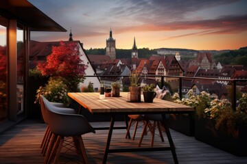 Fototapeta premium Rooftop terrace at golden hour overlooking an old town skyline, cozy outdoor dining set and potted plants creating a tranquil, luxurious evening atmosphere for relaxation