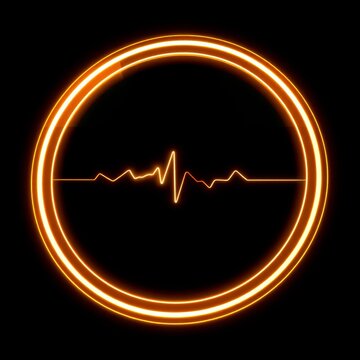 Orange glowing neon circle with a heartbeat line inside on black