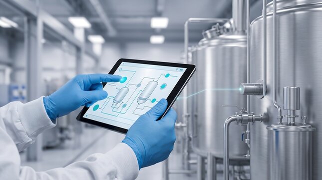 Technician wearing blue gloves holding digital tablet with holographic process control interface monitoring stainless steel production tanks in modern chemical or food processing manufacturing plant