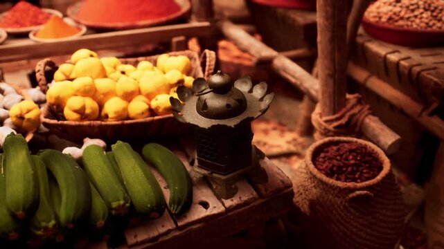 A lively marketplace showcases an array of spices, fresh zucchinis, lemons, and aromatic herbs. Warm light creates an inviting atmosphere as shoppers explore the vibrant offerings.