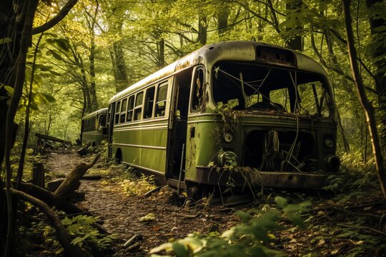 Abandoned green bus decaying in a vibrant green forest, nature reclaiming the vintage vehicle, showing the passage of time and the power of overgrowth covering the rusted metal