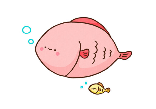 Huge fish and a very small fish swimming together, big fish idiom or parent and child concept