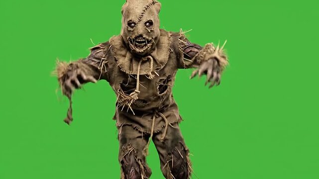 Halloween zombie scarecrow monster walking on green screen