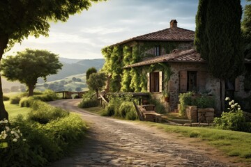 Fototapeta premium Charming stone villa covered with ivy and cypress trees on a cobbled road, surrounded by rolling green hills in the italian countryside, depicting rural lifestyle and tranquility