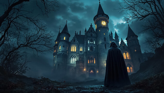 Enigmatic monk standing front of Haunted scarry Castle