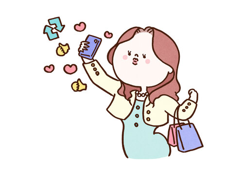 Woman holding brand shopping bags and taking a selfie with a smartphone, desire for approval or self-assertion concept