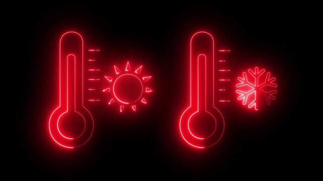 glowing neon hot and cold thermometer icon isolated on black background. Hot Sun and Cold Snowflake Symbols. representing hot and cold temperature conditions for universal climate. 4k video animation.