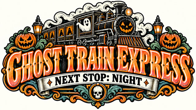 Friendly Ghost Train Rolls through an Ornate Halloween Route, Creepy Holiday Illustration, Haunted Seasonal Artwork, Spooky Autumn Illustration